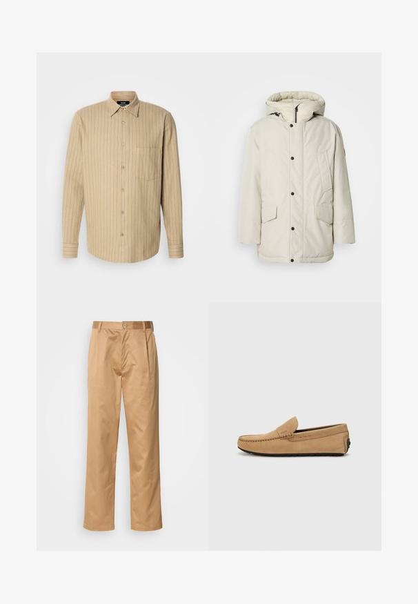 Parka izolată de culoare bej deschis, cu glugă, având un fermoar frontal, capse și două buzunare frontale cu clapete. Textură de țesătură netedă.; Cămașă bej cu nasturi, cu dungi verticale albastre, mâneci lungi, un singur buzunar pe piept și guler clasic. Textură de material moale.; Pantaloni kaki, amestec de bumbac, croială drept, cu pliuri frontale, bucle pentru curea și închidere cu nasture. Textură netedă, fără modele.; Mocasin din suede bej, cu vârf cusut, design slip-on și talpă din cauciuc negru. Prezintă un branding subtil pe lateral.