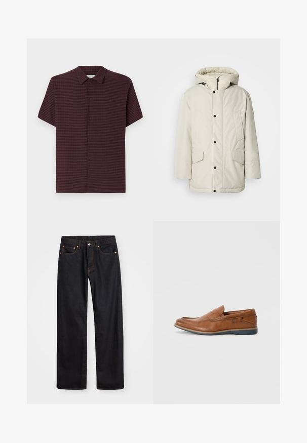 Svetlo bež izolirana parka s kapuco, z značilnostmi zadrge na sprednji strani, pritisnimi gumbi in dvema sprednjima žepoma s pokrovom. Gladka tekstura tkanine.; Kratka majica s kratkimi rokavi v temno burgundski teksturirani tkanini z zapenjanjem spredaj in subtilnim karirastim vzorcem. Ima klasičen ovratnik in sproščen kroj.; Moške črne kavbojke ravnega kroja z petimi žepi in oranžnim šivanjem, z gumbom in zadrgo na sprednjem pasu.; Rjavi usnjeni loafers s okroglo konico, šivi na površini in nizkim gumijastim podplatom. Oblikovanje vključuje pas čez zgornji del.