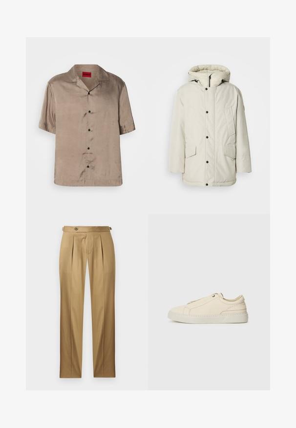 Gai beige izolēts parka mētelis ar kapuci, ar rāvējslēdzēju priekšā, spiedpogām un divām priekšējām kabatām ar atloku aizdarēm. Gluda auduma tekstūra.; Krūšu piedurknēm, gaiši brūna krekls no gludas auduma ar apkakles izgriezumu, satur piecus melnus pogas un taisnu apakšmalu.; Bēša krāsas bikses ar taisnu piegriezumu, ar krokām, pogas aizdari un jostas cilpām. Gluda auduma ar tīru, šūtu izskatu.; Bežīga ādas kedas ar noapaļotu purngalu, minimālistisku dizainu, smalkiem stīgām un teksturētu virsmu uz gaišas zoles.