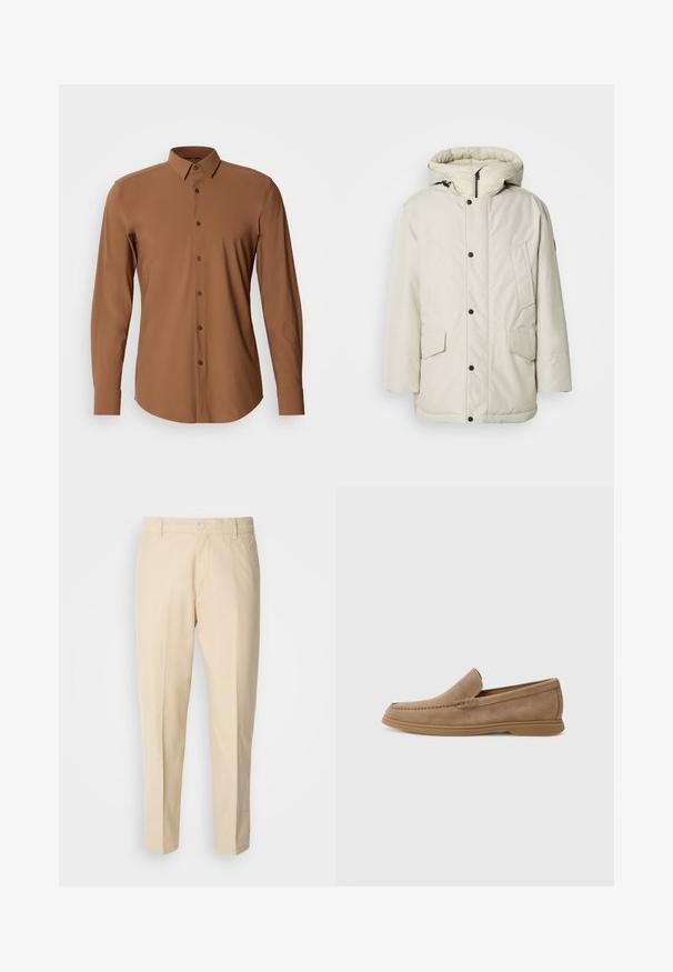 Šviesiai smėlinis izoliuotas parka su gobtuvu, turinti užtrauktuko priekį, kai kuriuos užsegimus ir dvi priekinės kišenes su sklendžių uždarymu. Lygus audinio paviršius.; Ruda ilga rankovė marškiniai su mygtukais, lygia tekstūra ir rudais mygtukais. Turintys išlenktą apačią ir pritaikytą siluetą.; Šviesiai smėlio spalvos chino kelnės su tiesia kojų linija, audinys yra lygus, su priekinėmis mygtukų uždarymo detalėmis ir dviem šoninėmis kišenėmis.; Rudi šviesios odos slip-on loaferiai su lygiu paviršiumi ir siuvinėjimu; turi guminį pado sluoksnį, užtikrinantį sukibimą.