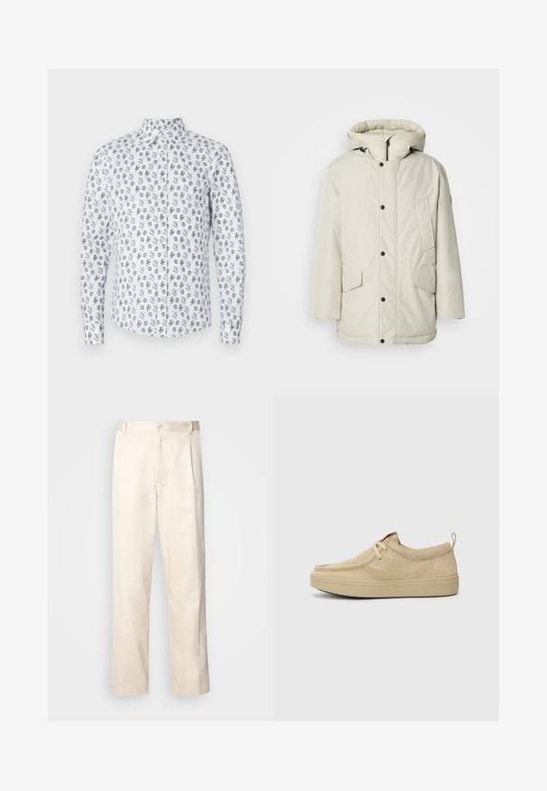 Gai beige izolēts parka mētelis ar kapuci, ar rāvējslēdzēju priekšā, spiedpogām un divām priekšējām kabatām ar atloku aizdarēm. Gluda auduma tekstūra.; Balta krekla ar pogu apkakli, kas rotāta ar atkārtotu melnu un pelēku dizainu, kurā attēloti jūras aļģi un apļi. Garas piedurknes, kokvilnas maisījuma audums.; Bežā krāsā auduma bikses ar taisnu kāju griezumu, pievienotām pogu aizdares un priekšējiem krokām papildu detaļām.; Bežā zamšanas slip-ons ar noapaļotu purngali, minimāla šuvju apstrāde un gumijas zole. Mīksta tekstūra ar smalku zīmola akcentu uz papēža.