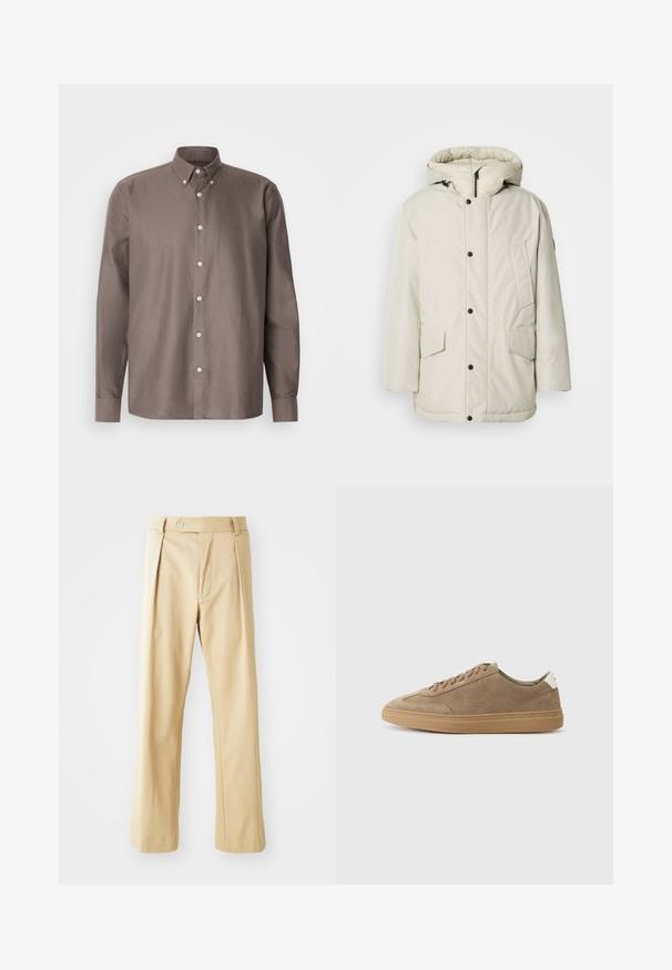 Világos bézs színű, kapucnis, szigetelt parka, cipzáros elejével, patentszorítós gombjaival és két elöl található, fedeles zsebbel. Simább szövettextúra.; Barna gombos ing, amely galléros nyakkivágással, hosszú ujjakkal, finom függőleges csíkokkal és fehér gombokkal rendelkezik az elején.; Beige színű, egyenes szabású nadrág, elöl pliszírozott, gombbal záródik, sima textúrájú. Nincsenek látható minták vagy díszítések.; Világosbarna velúr sportcipők, gumitalppal. Fűzős dizájn és minimalista stílus jellemzi, amelyet egy fehér sarokfűző tesz hangsúlyossá.