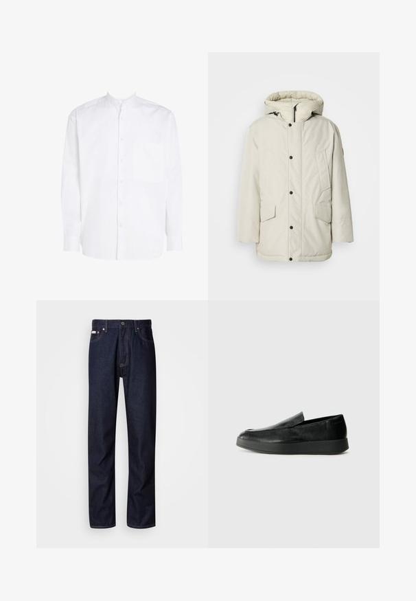 Světlý béžový zateplený parka s kapucí, s předním zipem, patentky a dvěma předními kapsami se klopy. Hladká textilní struktura.; Bílá košile s dlouhým rukávem a stojáčkovým límcem, zapínání na knoflíky vpředu a jednou náprsní kapsou. Vyrobeno z hladké bavlněné tkaniny.; Tmavomodré džínové kalhoty se střihováním rovného nohavice, s knoflíkovým zapínáním, pěti kapsami a kontrastním prošíváním.; Calvin Klein HYBRID CUP - Polobotky - triple black