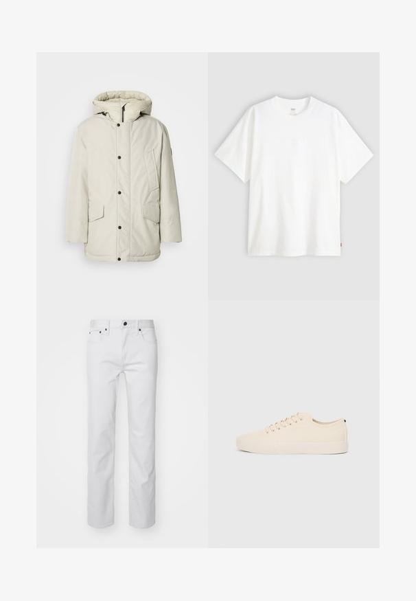 Parka isolante bege claro com capuz, apresentando um fecho frontal com zíper, botões de pressão e dois bolsos frontais com fechos de aba. Textura de tecido suave.; T-shirt branca de manga curta, feita de algodão, com decote redondo. Apresenta um discreto detalhe de logotipo em relevo na frente e uma etiqueta vermelha na bainha.; GAP PANT - Calças de ganga justas - fresh praline; Sapatilhas de lona bege com biqueira redonda, sola de borracha plana e atacadores à frente. Apresentam um design minimalista e um detalhe preto contrastante no calcanhar.