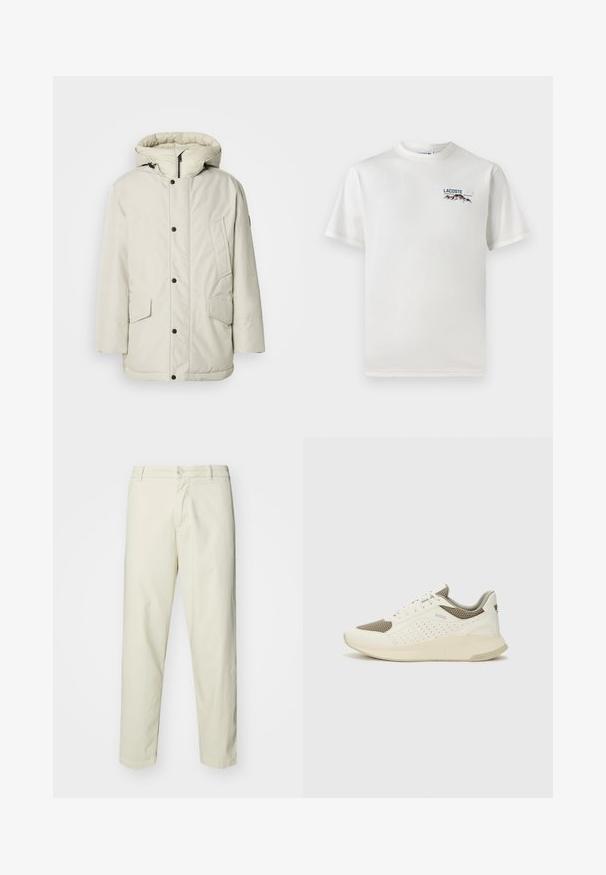 Světlý béžový zateplený parka s kapucí, s předním zipem, patentky a dvěma předními kapsami se klopy. Hladká textilní struktura.; Bílá bavlněná tričko s kulatým výstřihem, krátkými rukávy a malým vyšitým logem zobrazujícím hory a text na levé straně hrudi.; Světle béžové bavlněné kalhoty s rovnou nohavicí, vybavené předním zapínáním na knoflík a standardními kapsami, hladkou texturou a bez vzorů.; Bílé a světle béžové atletické tenisky, které mají síťovaný svršek, perforované detaily a texturovanou mezipodešev s logem na patě.