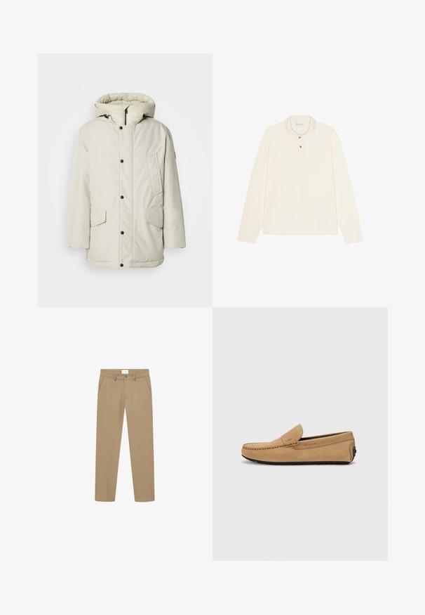 Svijetlosmeđi zimski parka s kapuljačom, s prednjim zatvaračem, drukerima i dva prednja džepa s poklopcem. Glatka tekstura tkanine.; Polo majica dugih rukava u krem boji, s ravnim kragnom, trostrukim zatvaračem s gumbima u zlatnoj boji i mekim, teksturiranim materijalom.; Bež hlače s glatkom teksturom, ravnog kroja, prednjim džepovima i kopčanjem na dugme. Oznaka vidljiva na struku.; Bež mokasinke od suede s ušivenim prstom, dizajnom za lako obuvanje i crnom gumiranom potplatom. Ima diskretnu oznaku s strane.