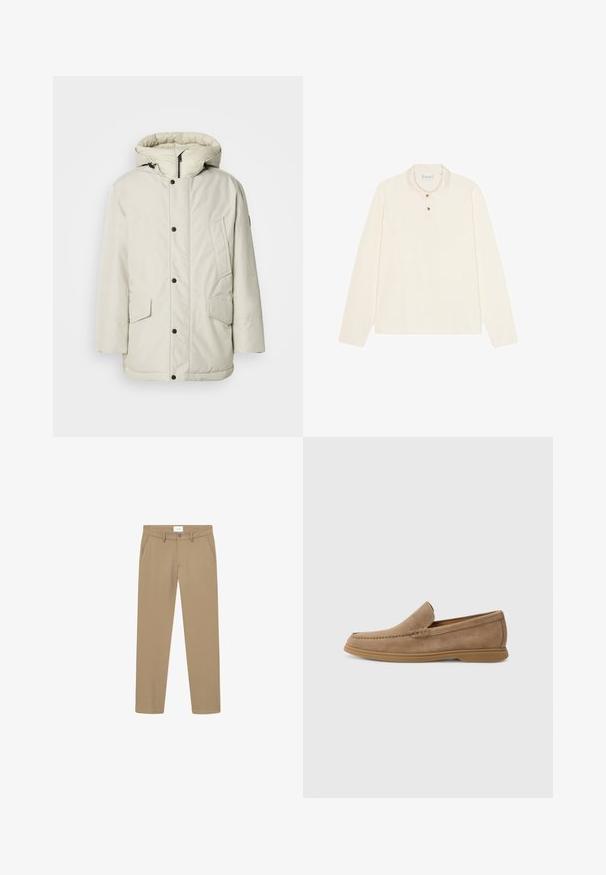 Svetlobéžový zateplený parka s kapucňou, so zipsom vpredu, cvokmi a dvoma prednými vreckami s klopami. Hladká textúra látky.; Polo tričko s dlhým rukávom v krémovej farbe, s plochým golierom, trojvrstvovým zapínaním na zlaté gombíky a jemnou, textúrovanou tkaninou.; Béžové nohavice s hladkým povrchom, rovný strih, predné vrecká a zapínanie na gombík. Označenie viditeľné na páse.; Hnedé semišové mokasíny na slip-on s hladkým povrchom a prešitím; obsahujú gumenú podrážku pre lepšiu trakciu.