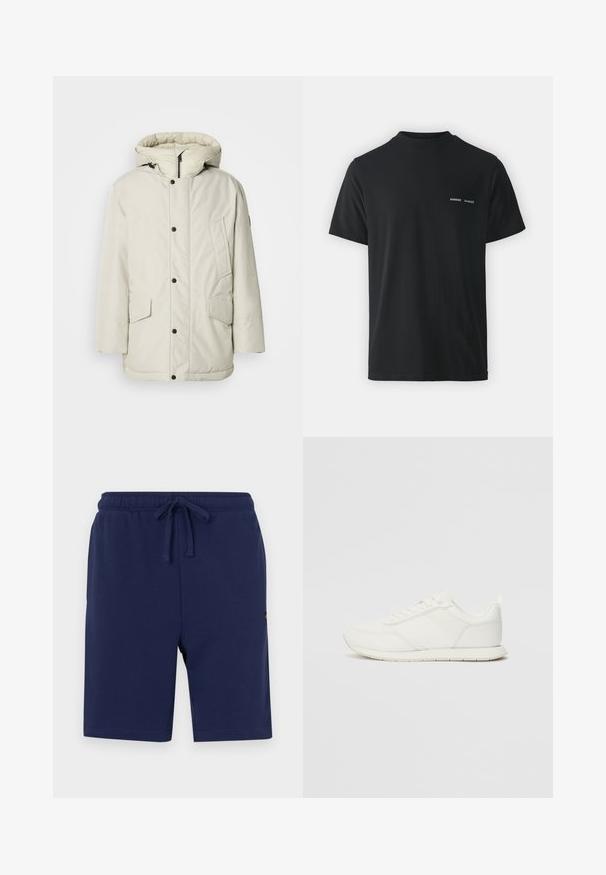 Licht beige geïsoleerde parka met een capuchon, voorzien van een ritssluiting aan de voorkant, drukknoopsluiting en twee voorkruiszakken met klep. Gladde stoftextuur.; Zwarte katoenen T-shirt met een klassieke ronde hals, korte mouwen en twee kleine witte "SAMSØE" logo's op de linkerkant van de borst.; Navyblauwe shorts van een zachte katoenmix, met een elastische tailleband met trekkoord en zijzakken.; Witte sneaker met een bovenwerk van mesh en synthetisch materiaal, ronde neus, platte veters en een getextureerde zijstrip. Rubberen zool met een lusje aan de achterkant.