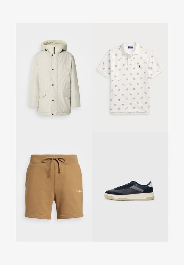 Šviesiai smėlinis izoliuotas parka su gobtuvu, turinti užtrauktuko priekį, kai kuriuos užsegimus ir dvi priekinės kišenes su sklendžių uždarymu. Lygus audinio paviršius.; Balta polo marškiniai, pagaminti iš medvilnės, su pasikartojančiu mėlynu šunų raštu ir mažuoju mėlynu logotipu ant krūtinės. Trumpomis rankovėmis ir apykakle.; Polo Ralph Lauren 16.5 CM RELAXED FIT LOGO FLEECE SHORT - Treningo apatinė dalis - rustic tan; BOSS BALTIMORE - Sportbačiai - open blue