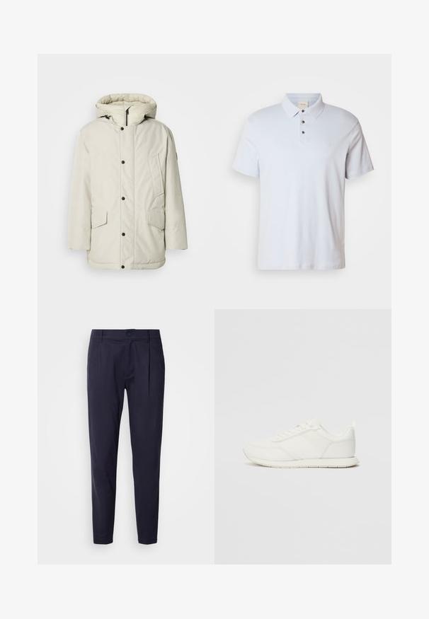 Parka isolante bege claro com capuz, apresentando um fecho frontal com zíper, botões de pressão e dois bolsos frontais com fechos de aba. Textura de tecido suave.; Polo azul claro feito de algodão, com decote de três botões, colarinho dobrado, mangas curtas e um pequeno logótipo no peito.; Calças azul-marinho feitas de tecido suave, com um design de perna reta, pregas frontais e fecho de botão com passantes para cinto.; Sapatilha branca com parte superior em malha e sintético, bico arredondado, atacadores planos e uma faixa lateral texturizada. Sola em borracha com uma alça na parte de trás.