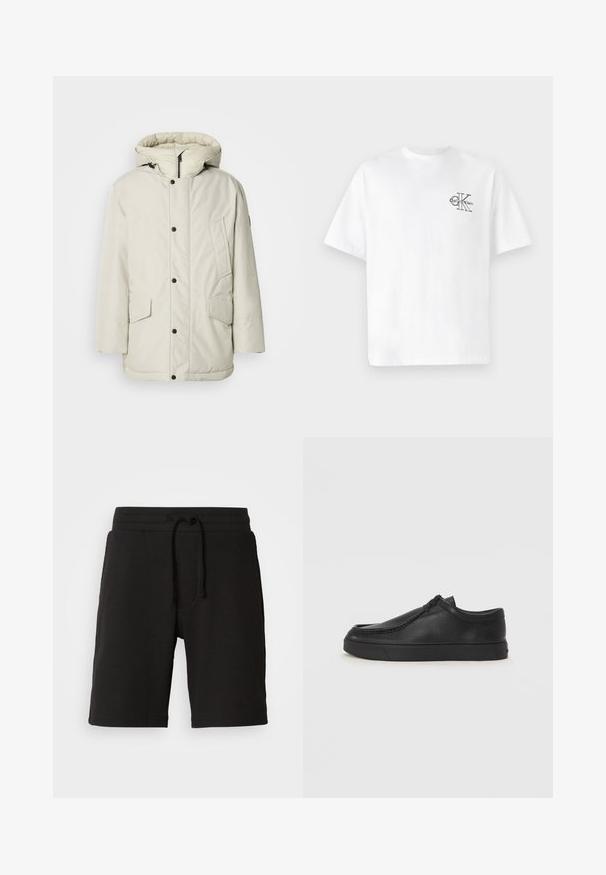 Svetlo bež izolirana parka s kapuco, z značilnostmi zadrge na sprednji strani, pritisnimi gumbi in dvema sprednjima žepoma s pokrovom. Gladka tekstura tkanine.; Bela bombažna majica s kratkimi rokavi, krožnim izrezom, s črnim CK logotipom na levi strani prsnega dela, standardne velikosti, gladke teksture.; Črne pletene kratke hlače z teksturirano tkanino, elastičnim pasom, nastavljivo vrvico in stranskimi žepi. Dolžina se konča nad kolenom.; Črne usnjene natikače s zaobljenim prstom, šivanim detajlima in črnim gumijastim podplatom. Gladka tekstura z minimalističnim dizajnom.