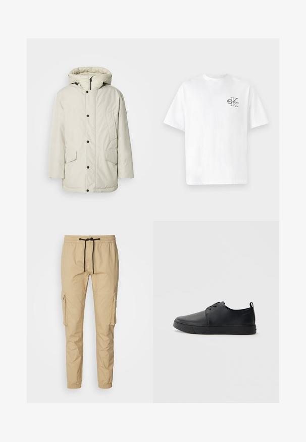 Vaaleanbeige eristettävä parkatakki hupulla, jossa on vetoketjullinen etuosa, nappisuljenta ja kaksi etutaskua läpällisellä sulkemisella. Sileä kangasrunko.; Valkoinen puuvillapaita lyhyillä hihoilla, pyöreä kaula-aukko, jossa on musta CK-logo vasemmassa rinnassa, normaali istuvuus, sileä pinta.; Calvin Klein Jeans WASHED - Reisitaskuhousut - travertine; Musta nahkakengät hienolla pinnalla, pyöreällä varvastyönnöllä, sävyyn sointuvilla ompeluilla, nauhakengät edessä ja littealla kumipohjalla. Silmukka kantapäässä.
