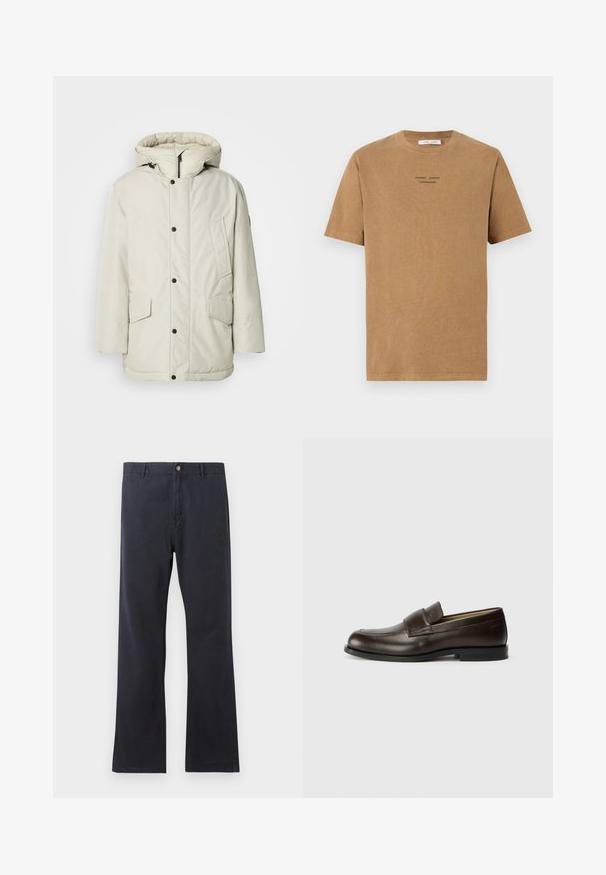 Világos bézs színű, kapucnis, szigetelt parka, cipzáros elejével, patentszorítós gombjaival és két elöl található, fedeles zsebbel. Simább szövettextúra.; Barna pamut póló kerek nyakkivágással, rövid ujjal, elöl fekete szöveggel, amely így olvasható: "SAMSE SAMSE COPENHAGEN".; Sötétkék pamutkeverék chinosnadrág egyenes szár kialakítással, gombos zipzárral és övhurkokkal. Simás textúra, minimális részletezéssel.; Calvin Klein Belebújós cipők - cocoa brown