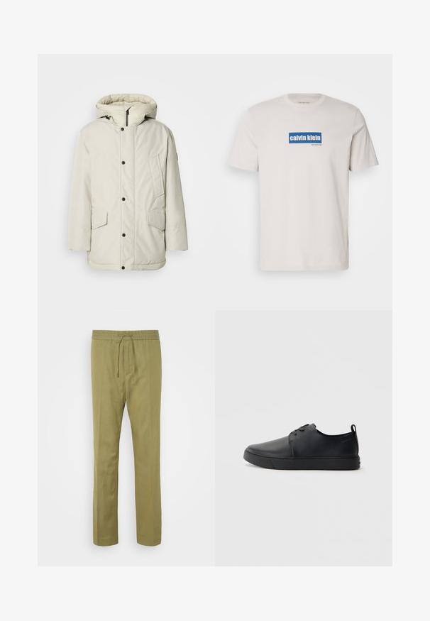 Helebeige isoleeritud parka kapuutsiga, millel on tõmbluku esikülg, nööbiga kinnitused ja kaks esist pocketit klapikinnitustega. Sile kangakonstruktsioon.; Valge puuvillane T-särk, mille esiküljel on sinine ristkülikukujuline logo, millel on valged tekstid "calvin klein" ja "new york city". Klassikaline lõige.; Kerged oliivrohelised püksid, mis on valmistatud pehmest ja kergest kangast. Omab elastset vöö kohta koos nööriga ja sirgeid sääri.; Mustaläik nahast spordijalatsid siledaga viimistlusega, ümarate varvastega, sama tooni õmblustega, nööbid ees, ja lamedate kummist tallaga. Kannas aas.