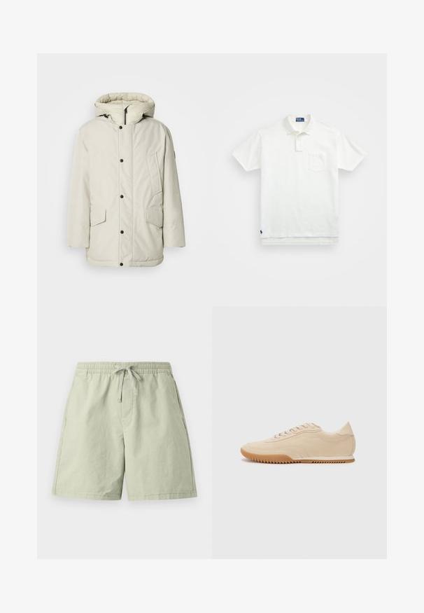 Šviesiai smėlinis izoliuotas parka su gobtuvu, turinti užtrauktuko priekį, kai kuriuos užsegimus ir dvi priekinės kišenes su sklendžių uždarymu. Lygus audinio paviršius.; Balta polo marškiniai pagaminti iš medvilnės, su klasikiniais kraštais, trijų mygtukų sprandeliu ir kairiuoju krūtinės kišeniu; mažas logotipas apačioje.; Šviesiai žali medvilniniai šortai su elastinga juostos dalimi ir raišteliu, turintys šonines kišenes ir laisvą prigludimą. Lygus paviršius, iki kelių ilgio dizainas.; Bežiniai zomšiniai sportbačiai su išskirtiniu dizainu, turintys tekstūruotą viršų, apvalią nosį ir guminį pado su zigzagų raštu.