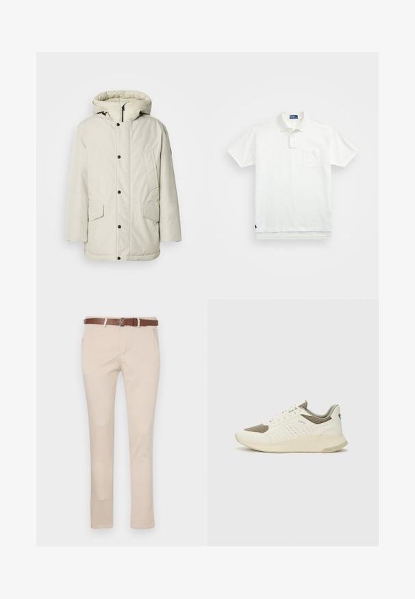 Light beige insulated parka with a hood, featuring a zippered front, snap buttons, and two front pockets with flap closures. Smooth fabric texture.; White polo shirt made of cotton, featuring a classic collar, three-button placket, and a left chest pocket; small logo at the hem.; Beige chinos made of cotton, featuring a brown leather belt, standard pockets, and a tailored fit with a straight leg design.; White and light beige athletic sneaker, featuring a mesh upper, perforated detailing, and a textured midsole with branding on the heel.