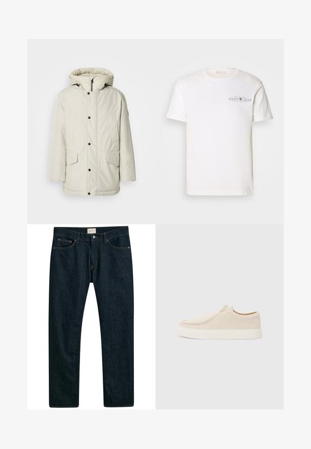 Svijetlosmeđi zimski parka s kapuljačom, s prednjim zatvaračem, drukerima i dva prednja džepa s poklopcem. Glatka tekstura tkanine.; Bijela pamučna majica s okruglim izrezom, kratkim rukavima i printanim logotipom. Karakterizira je minimalistički dizajn i opušteni kroj.; Tamno plavi traperice ravnog kroja, s pet džepova i kontrastnim šavovima. Glatka tekstura tkanine.; Svijetlosmeđi nubuk tenisice s okruglim prstima, minimalističkim šavovima i bijelim gumennim potplatom. Ima jednostavno zatvaranje na vezanje i detalj brenda.