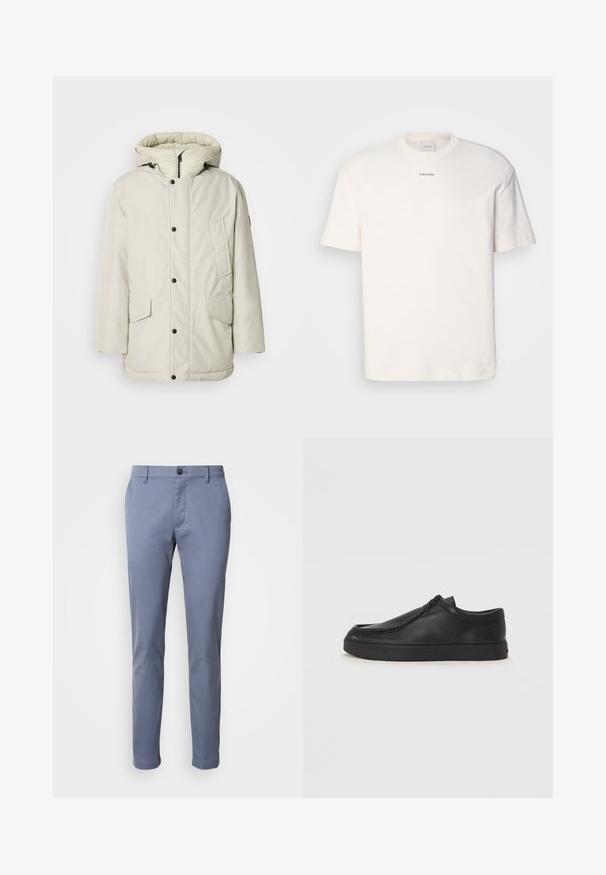 Világos bézs színű, kapucnis, szigetelt parka, cipzáros elejével, patentszorítós gombjaival és két elöl található, fedeles zsebbel. Simább szövettextúra.; Fehér pamut póló, kerek nyakkal, rövid ujjakkal és hímezett "Calvin Klein" logóval a mellkas közepén. Egyszerű design.; Világos kék, slim-fit pamut chino nadrág. Gombos záródás és oldalsó zsebek jellemzik, sima textúrával és fazonra szabott megjelenéssel.; Fekete bőr slip-on cipő lekerekített orral, varrott részletekkel és fekete gumitalppal. Simaság és minimalista dizájn jellemzi.