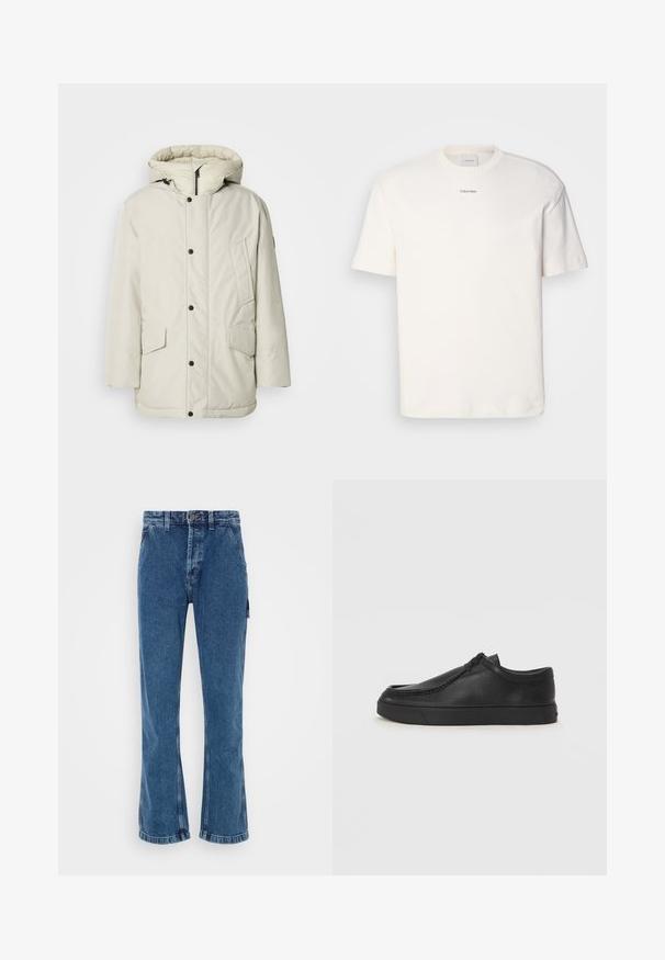 Šviesiai smėlinis izoliuotas parka su gobtuvu, turinti užtrauktuko priekį, kai kuriuos užsegimus ir dvi priekinės kišenes su sklendžių uždarymu. Lygus audinio paviršius.; Balta medvilninė marškinėlių suapvalintu kaklu, trumpomis rankovėmis ir siuvinėtu "Calvin Klein" logotipu krūtinės centre. Paprastas dizainas.; Aukšto juosmens, pločio džinsai vidutinio mėlynumo džinsinio audinio. Yra priekinis sagtys, du šoninės kišenės ir kišenė ant kojos.; Juodos odinės supjamintus batelius su apvaliu pirštu, siuvinėtu akcentu ir juodu guminiu padu. Lygus tekstūra su minimalistišku dizainu.