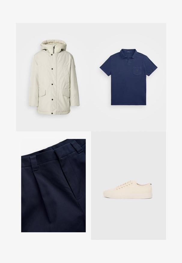 Parka aislante de color beige claro con capucha, que presenta un cierre frontal con cremallera, botones de presión y dos bolsillos frontales con solapas. Textura de tela suave.; Polo de color azul marino con un cuello corto, un bolsillo en el pecho y un logotipo bordado. Fabricado en una tela suave y texturizada.; Pantalones de tejido con pliegues en color marino, con una textura suave. Cuentan con una cinturilla plana y lazos para cinturón, diseñados para la comodidad y el ajuste.; Zapatillas de lona beige con puntera redonda, suela de goma plana y cierre de cordones en la parte delantera. Presentan un diseño minimalista y un acento negro contrastante en el talón.