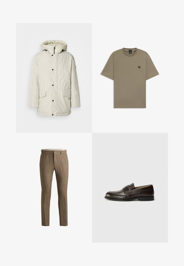 Light beige insulated parka with a hood, featuring a zippered front, snap buttons, and two front pockets with flap closures. Smooth fabric texture.; Short-sleeve T-shirt in olive green, made of cotton blend, featuring a round neckline and a small logo patch on the left chest.; Brown linen trousers with a textured finish. Features a classic cut, side pockets, and a discreet front closure detail.; Calvin Klein Slip-ons - cocoa brown