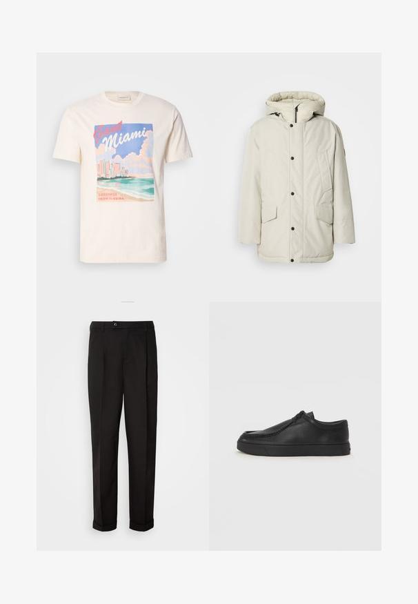 Lys beige, isoleret parka med hætte, der har en lynlåslukning foran, knaplukninger og to forlommer med klaplukninger. Glat stoftekstur.; Cremefarvet bomulds T-shirt med grafisk tryk af Miamis skyline, bølger og skyer i pastelnuancer, med teksten "GANT Miami" og "Hilsner fra Florida".; Sorte bukser med en glat tekstur, som har lige snit, to forlommer og en enkelt knaplukning i taljen.; Sorte læderslippersko med en rund tå, stikninger og sort gummisål. Glat tekstur med minimalistisk design.