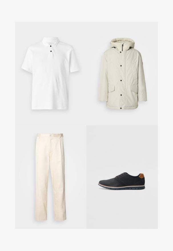 Svijetlosmeđi zimski parka s kapuljačom, s prednjim zatvaračem, drukerima i dva prednja džepa s poklopcem. Glatka tekstura tkanine.; Bijela polo majica s teksturiranim materijalom, kratkim rukavima, preklopljenim ovratnikom i tri crna gumba na izrezu.; Bežaste pamučne hlače ravnog kroja s kopčanjem na dugme i plisiranjima sprijeda za dodatni detalj.; Crne sintetičke cipele s teksturiranim gornjim dijelom, glatkim akcentima, smešnim petom i kontrastnom potplatom. Imaju minimalne vezice i detalje šivanja.