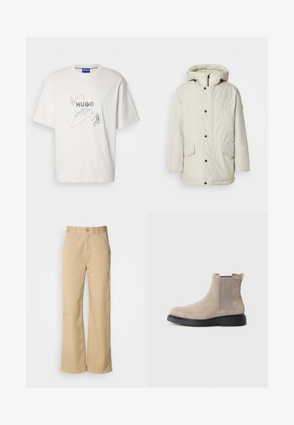 Világos bézs színű, kapucnis, szigetelt parka, cipzáros elejével, patentszorítós gombjaival és két elöl található, fedeles zsebbel. Simább szövettextúra.; Fehér pamut póló, kék és fekete nyomott logóval, művészi vonal részletekkel. Kerek nyakkivágású és rövid ujjú.; Beige, bőszárú nadrág, pamut keverékből készült. Gombos záródással és övhurkokkal rendelkezik. Simább textúra, minimális varrással.; Beige velúr Chelsea csizma rugalmas oldalsó panelekkel, húzófüllel és fekete gumitalppal. Karcsú, kerek orrú dizájn.