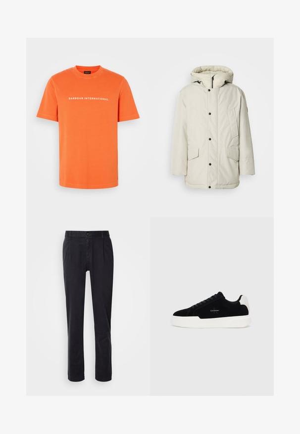 Világos bézs színű, kapucnis, szigetelt parka, cipzáros elejével, patentszorítós gombjaival és két elöl található, fedeles zsebbel. Simább szövettextúra.; Narancssárga pamut póló kerek nyakkivágással és rövid ujjakkal. Az elején fehér felirat található, amely "BARBOUR INTERNATIONAL" szöveget olvasható.; Fekete, sima anyagból készült, szabott nadrág. Elülső cipzárral, két oldalsó zsebbel és egyenes lábakkal rendelkezik. Minimalista dizájn, minta nélkül.; Fekete alacsony szárú sneaker fehér talppal és saroktabbal, fűzős elülső résszel és Calvin Klein logóval az oldalon.