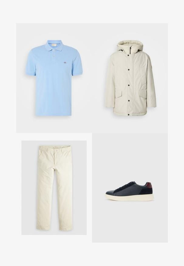 Helebeige isoleeritud parka kapuutsiga, millel on tõmbluku esikülg, nööbiga kinnitused ja kaks esist pocketit klapikinnitustega. Sile kangakonstruktsioon.; Hele sinine puuvillane polo-särk, millel on klassikaline krae, kahe nupuga sulgemine ja rindkere peal väike tikandatud logo.; Heledadbež püksid, millel on lõtv istuvus, kolm taskut, vöökohad ja sirge lõikega disain. Valmistatud pehmest puuvillasegust materjalist.; Madala stiilis meeste toss mustast nahast ja seemisnahast, marooni värvi kanna detailiga ja valge kummist tallaga, vaatega välisküljelt.