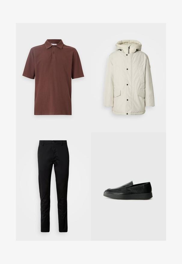 Helebeige isoleeritud parka kapuutsiga, millel on tõmbluku esikülg, nööbiga kinnitused ja kaks esist pocketit klapikinnitustega. Sile kangakonstruktsioon.; Pruun polo särk, mis on valmistatud hingavast kangast, koos klassikalise krae ja kolme nupuga nööbirea ning õrn logo rinnal.; Mustad mustriga püksid, mis on valmistatud siledast kangast. Omab vööd nupuga ja sirge lõikega sääri.; Calvin Klein HYBRID CUP - Jalga libistatavad jalanõud - triple black