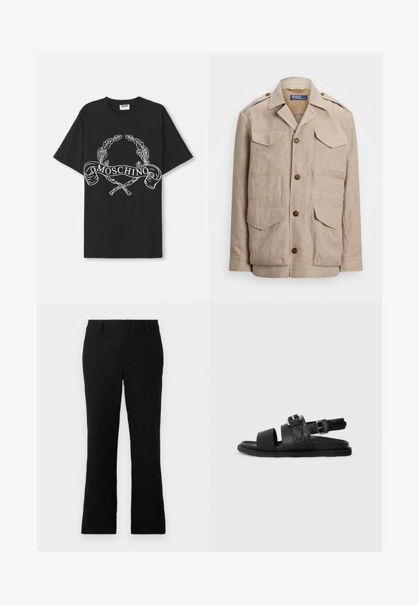 Μπεζ λινό μπουφάν με γιακά, μπροστινό κλείσιμο με κουμπιά και τέσσερις τσέπες. Διαθέτει καφέ κουμπιά και επωμίδες στους ώμους. Υφή υφάσματος.; Μαύρο t-shirt από βαμβάκι, με άσπρη γραφιστική ενός στεφάνου ελιάς και διασταυρούμενων ραβδιών με το κείμενο "MOSCHINO" στο κέντρο.; Μαύρο παντελόνι με καμπάνα φτιαγμένο από ύφασμα με μείγμα βαμβακιού, με κλείσιμο με κουμπί, θηλιές ζώνης και λεία υφή χωρίς ορατά σχέδια.; Μαύρη δερμάτινη σάνταλ με δύο φαρδιές λωρίδες και ρυθμιζόμενη λωρίδα για τον αστράγαλο με πόρπη. Ίσια σόλα με υφή στην άκρη.