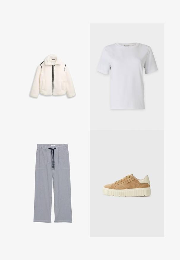 Mākslīgā kašmira balts mētelis ar melnu rāvējslēdzēju un odere. Iespējas apkakle un divas priekšējās kabatas. Mīksta tekstūra, kvadrātveida forma.; Balts īsām piedurknēm T-krekls, izgatavots no gludas kokvilnas. Tam ir apaļa kakla izgriezums un taisna apakšmala, bez rakstiem vai rotājumiem.; Jūras zila un balti svītrainas platās bikses ar elastīgu jostu, auklu un divām priekšējām kabatām. Mīksta auduma, ikdienas dizains.; Kasta ādas tenisa kurpes ar masīvu krēmkrāsas gumijas zoli, apaļo purngalu, sešām acīm, un pastiprinātu papēdi ar logo akcentiem.