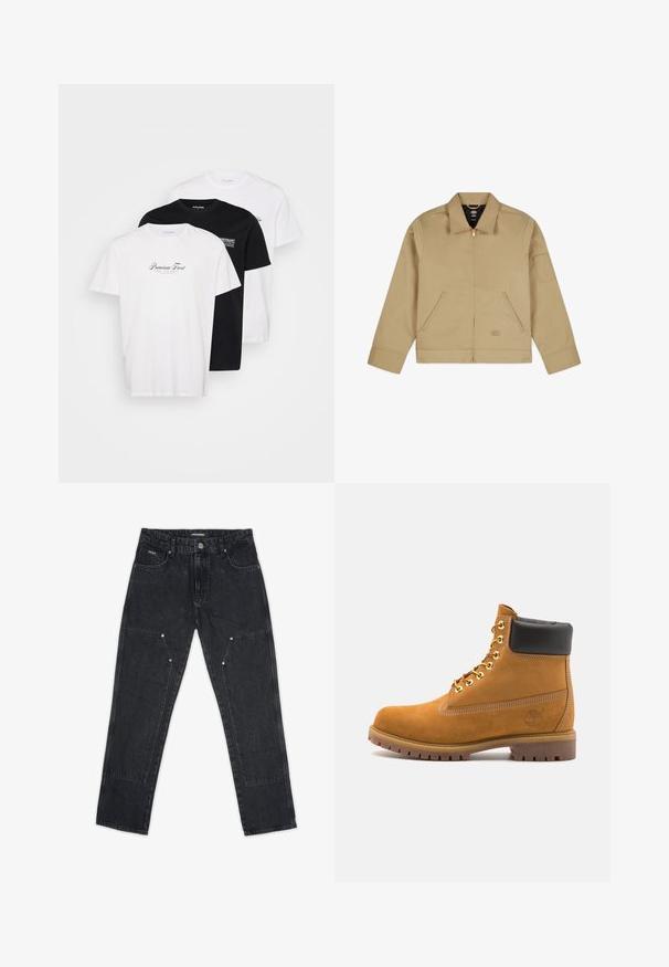 Šviesiai ruda lengva striukė su apykakle, užtrauktuku priekyje, dviem šoninėmis kišenėmis ir pleistru ant kairiojo rankovės. Lygi, patvari medžiaga su struktūrizuotu dizainu.; Šviesiai ruda džemperis su dideliu juodu ir baltu grafiniu vaizdu asmens, dėvinčio skrybėlę. Pagamintas iš medvilnės, turi minkštą tekstūrą. Laisvas kirpimas ir kengūros kišenė.; Trys marškiniai pakuotėje, du balti ir vienas juodas. Pagaminti iš medvilnės, su apvaliu iškirpimu, trumpomis rankovėmis, su spausdintu tekstu priekyje.; Pegador VINTO CARPENTER - Dailidės stiliaus džinsai - washed black; Tan spalvą turintys suknelės batus iki kulkšnies su juodu paminkštintu apvadu, auksiniais metaliniais akių užsegimais, baltais siūlų dekoratyviniais elementais ir tvirtu guminiu padu su ryškiai išreikštais raštais.