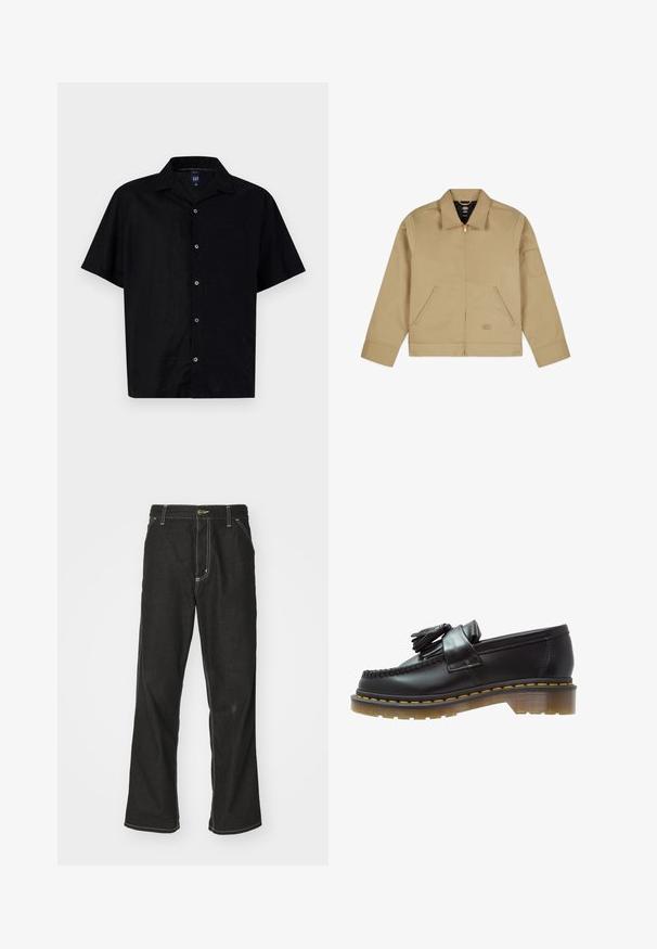 Veste légère tan avec un col, fermeture éclair à l'avant, deux poches latérales et une patch sur le bras gauche. Tissu lisse et durable avec un design structuré.; Chemise noire à manches courtes en tissu doux, avec un devant à boutons, une poche poitrine unique et un design de col classique.; T-shirt en coton blanc avec un col rond et des manches courtes. Le design est simple, sans motifs ni accents.; Jean en denim noir avec une coupe ample, comportant des coutures blanches contrastantes, une fermeture à bouton et un design à jambes droites.; Mocassins en cuir noir avec une finition texturée, ornés d'un pompon décoratif et de coutures jaunes contrastantes, sur une semelle épaisse et transparente.