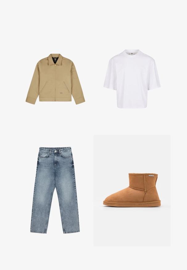 Tan lightweight jacket with a collar, zipper front, two side pockets, and a patch on the left arm. Smooth, durable fabric with a structured design.; White, short-sleeve t-shirt featuring a crew neckline and relaxed fit, made from a smooth cotton blend fabric. No patterns or embellishments.; Light blue denim jeans with a straight leg cut, visible stitching, five pocket design, and a button closure at the waist.; Brown suede ankle boot with a rounded toe, soft interior lining, stitched detailing, and a rubber sole. Brand tag visible on the side.