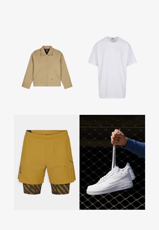 Svetlá hnedá ľahká bunda s golierom, predným zipsom, dvoma bočnými vreckami a nášivkou na ľavom rukáve. Hladká, odolná tkanina so štruktúrovaným dizajnom.; Biela bavlnená tričko s krátkymi rukávmi, okrúhlym výstrihom, uvoľneným strihom a žiadnymi viditeľnými logami alebo vzormi. Hladká textúra a minimálny dizajn.; Pánske bežecké šortky s textúrovaným hornej vrstvou v horčicovej farbe, čiernym vnútrom s diagonálnymi zlatými pruhmi a elastickým pásom.; Biele kožené tenisky s perforáciami, okrúhlou špičkou, plochou podrážkou a hrubými šnúrkami, pričom majú viditeľné logo swoosh a nápis "AIR" na päte.