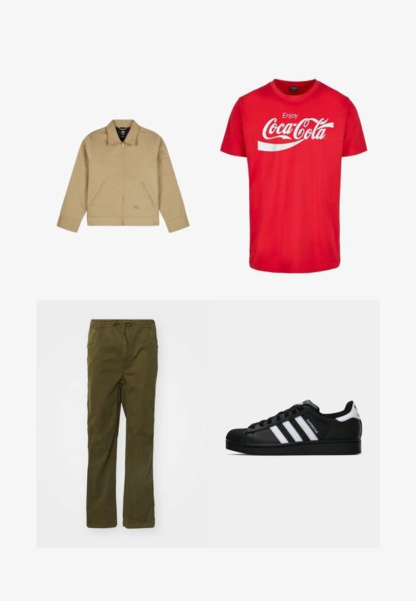 Beige, leichte Jacke mit Kragen, Reißverschluss vorne, zwei seitlichen Taschen und einem Aufnäher am linken Ärmel. Glattes, strapazierfähiges Material mit einer strukturierten Gestaltung.; Rotes Baumwoll-T-Shirt mit kurzen Ärmeln, das ein weißes "Coca-Cola"-Logo und ein wellenförmiges Design über der Brust zeigt. Klassischer Rundhalsausschnitt.; Baumwoll-Cargohose in Olivgrün, mit einem Kordelzugbund, geradem Bein, seitlichen Taschen und einer glatten Textur.; Schwarzer Adidas Superstar Sneaker mit weißen Streifen, Schalenzehen und "Superstar"-Schriftzug an der Seite, im Seitenprofil auf weißem Hintergrund dargestellt.