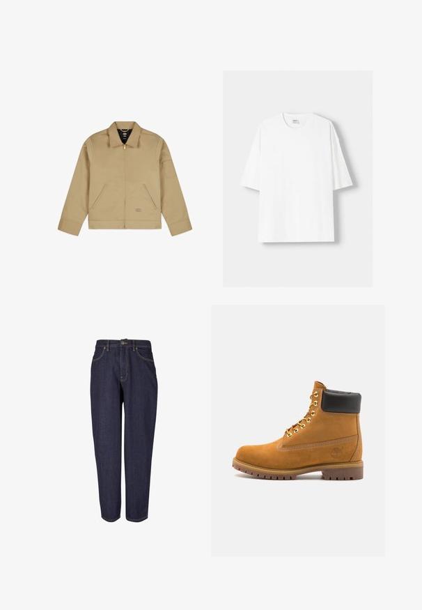 Svetlá hnedá ľahká bunda s golierom, predným zipsom, dvoma bočnými vreckami a nášivkou na ľavom rukáve. Hladká, odolná tkanina so štruktúrovaným dizajnom.; Biela tričko s krátkym rukávom vyrobené z bavlny, s okrúhlym výstrihom a voľným strihom. Hladká textúra, bez viditeľných vzorov alebo akcentov.; Tmavé denimové džínsy so strihom rovného nohavice, s tradičným dizajnom piatich vreciek, jemným zlatým prešívaním a kovovým zapínaním.; Tyrkysové semišové členkové topánky s čiernym polstrovaným golierom, zlatými kovovými očkami, bielym prešívaním a robustnou gumovou podrážkou s výraznými drážkami.
