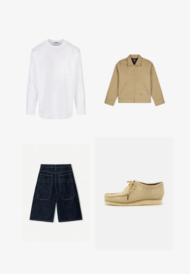 Homok színű, könnyű dzseki, gallérral, cipzáros elülső résszel, két oldalsó zsebbel és egy folttal a bal karon. Simító, tartós anyag, struktúrált kialakítással.; Urban Classics HEAVY OVERSIZED - Hosszú ujjú felső - white; Sötétkék farmer rövidnadrág, laza fazonban, két hátsó zsebbel, kontrasztos varrással és egyenes szárú kialakítással.; Beige velúr cipő fűzővel, varrott részletekkel és gumitalppal. A fazon laza, enyhén sarokkal rendelkezik.