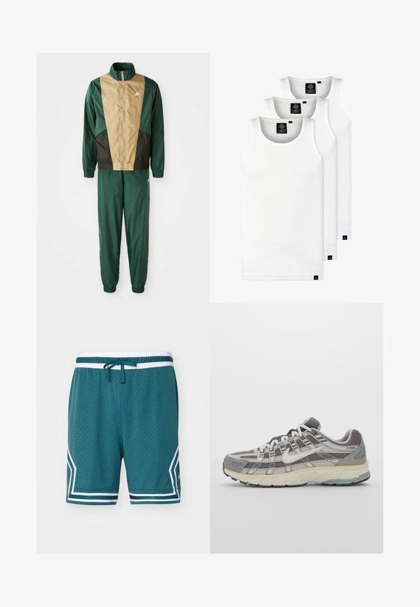 Green and brown windbreaker jacket with a full zipper, high collar, and elastic cuffs, paired with matching pants. Nike logo on jacket.; Three white ribbed tank tops made of cotton. Features a crew neck and small black labels near the hem. Available in multiple sizes.; Jordan DIAMOND SHORT - Sports shorts - oxidized green/white; Gray athletic shoe featuring a mesh and suede upper, white accents, a cushioned sole, and a distinctive design with reflective elements.