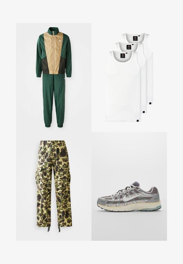 Green and brown windbreaker jacket with a full zipper, high collar, and elastic cuffs, paired with matching pants. Nike logo on jacket.; Three white ribbed tank tops made of cotton. Features a crew neck and small black labels near the hem. Available in multiple sizes.; Men's straight-leg cargo pants with green, brown, and beige camouflage pattern, button closure, side pockets, and drawstring hems.; Gray athletic shoe featuring a mesh and suede upper, white accents, a cushioned sole, and a distinctive design with reflective elements.