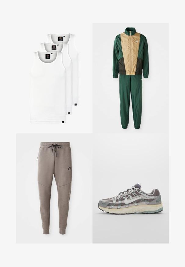 Zeleno-hnedá vetrovka s plným zipsom, vysokým golierom a elastickými manžetami, doplnená o zodpovedajúce nohavice. Na vetrovke je logo Nike.; Tri biele rebrované tielka vyrobené z bavlny. Majú okrúhly výstrih a malé čierne štítky pri leme. Dostupné v rôznych veľkostiach.; Sivé tepláky Nike s nastaviteľným pásom, zúženými nohavicami, bočnými vreckami a výrazným švom. Mäkká, textúrovaná látka.; Šedá športová obuv so zvrškom z nylonu a semišu, bielymi akcentmi, polstrovanou podrážkou a jedinečným dizajnom s reflexnými prvkami.