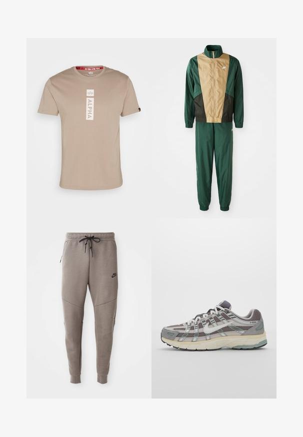 Zaļa un brūna vēja necaurlaidīga jaka ar pilnu rāvējslēdzēju, augstu apkakli un gumijotiem piedurkņu galiem, apvienota ar saskaņojošām biksēm. Uz jakas redzams Nike logo.; Beige kokvilnas T-krekls ar īsām piedurknēm, ar vertikālu balto "ALPHA" teksta dizainu un logotipu uz augšējā krūšu daļā. Apaļš kakla izgriezums.; Pelēki Nike sporta bikses ar aukliņu viduklī, sašaurinātiem galiem, sānu kabatām un izteiktām šuvēm. Mīksta, teksturēta auduma.; Pelēkie sporta apavi ar tīkla un zamša augšdaļu, baltiem akcentiem, mīkstinātu zoli un izcilu dizainu ar atstarotājiem.