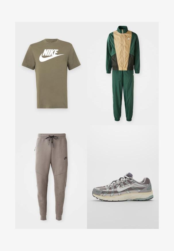 Zelená a hnědá větrovka se zipem po celé délce, vysokým límcem a elastickými manžetami, spárovaná s odpovídajícími kalhotami. Logo Nike na větrovce.; Olivově zelené tričko s krátkým rukávem vyrobené z bavlny, s bílým logem Nike a podpisovým swooshem tištěným na přední straně. Jednoduchý design s kulatým výstřihem.; Šedé Nike tepláky s elastickým pasem na šňůrku, zúženými nohavicemi, bočními kapsami a charakteristickým švem. Měkká, strukturovaná tkanina.; Šedá sportovní obuv s vrchní částí z mikrovlákna a semiše, bílými akcenty, polstrovanou podrážkou a jedinečným designem s reflexními prvky.