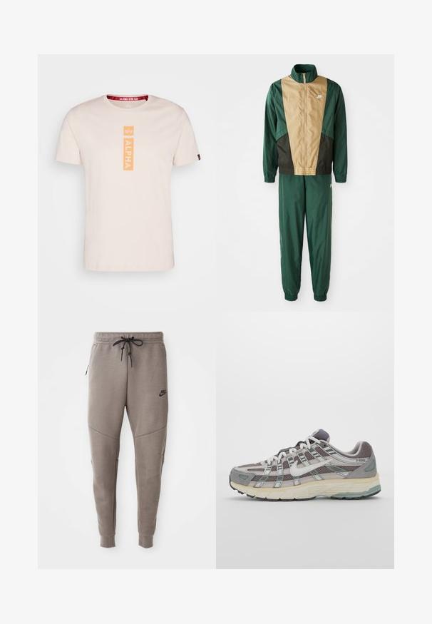 Jachetă impermeabilă verde și maro, cu fermoar complet, guler înalt și manșete elastice, asortată cu pantaloni potriviți. Logo-ul Nike pe jachetă.; Tricou roz deschis cu mânecă scurtă, fabricat din bumbac, cu un logo portocaliu vertical "ALPHA" la centru și o etichetă de guler roșie cu marcă.; Pantaloni de trening gri Nike cu un braț de strângere la talie, picioare conice, buzunare laterale și detalii de cusătură distincte. Material moale, texturat.; Pantofii sport gri sunt realizați dintr-un amestec de plasă și piele întoarsă, cu accente albe, o talpă bine îmbrăcată și un design distinctiv cu elemente reflectorizante.