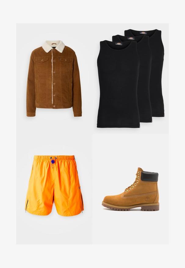 INDICODE JEANS Übergangsjacke - rubber; Schwarze Tanktops im Dreierpack. Gerippte Textur, klassischer Rundhalsausschnitt, ohne Ärmel. Der Saum hat am unteren Ende ein kleines Markenlogo.; Orange Sportshorts mit elastischem Bund, verstellbarem Kordelzug und seitlichen Reißverschlusstaschen. Aus glattem, leichtem Material gefertigt.; Beige Wildleder-Ankle-Boot mit schwarzem gepolstertem Kragen, goldenen Metallösen, weißen Nähdetalben und einer robusten Gummisohle mit ausgeprägtem Profil.