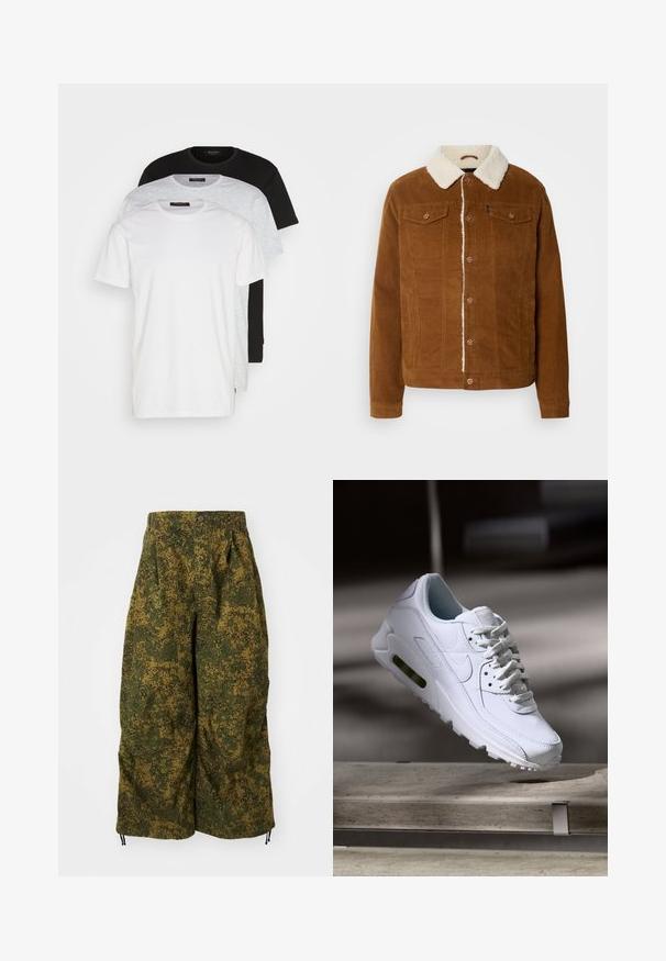 INDICODE JEANS Chaqueta de entretiempo - rubber; Tres camisetas de cuello redondo en blanco, gris claro y negro. Hechas de algodón suave, con mangas cortas y un ajuste relajado.; Pantalones de pierna ancha con estampado de camuflaje pixelado en verde y marrón, cierre con botón y cordones en los dobladillos.; Zapatilla blanca de piel con superficies texturizadas, cuello acolchado y amortiguación de aire visible en la suela. Presenta cordones y un diseño minimalista.