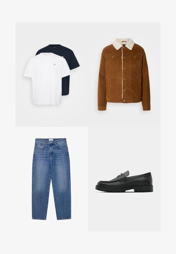 INDICODE JEANS Kerge jope - rubber; Kaks T-särki: üks valge, millel on väike sinine logo, ja teine tumesinine vastava logoga. Mõlemad on puuvillased, lühikeste varrukate ja ümarate kaelustega.; Sinine denimpüksid kõrge vöökoht, sirge jala disain ja kulunud viimistlus. Omab viit taskut ja nööbikinnitust.; Mustad musta nahast loafers, millel on ümar varvas, tikandiga disain, madal platvorm-soon ja tekstureeritud, soonikkummist välistald.