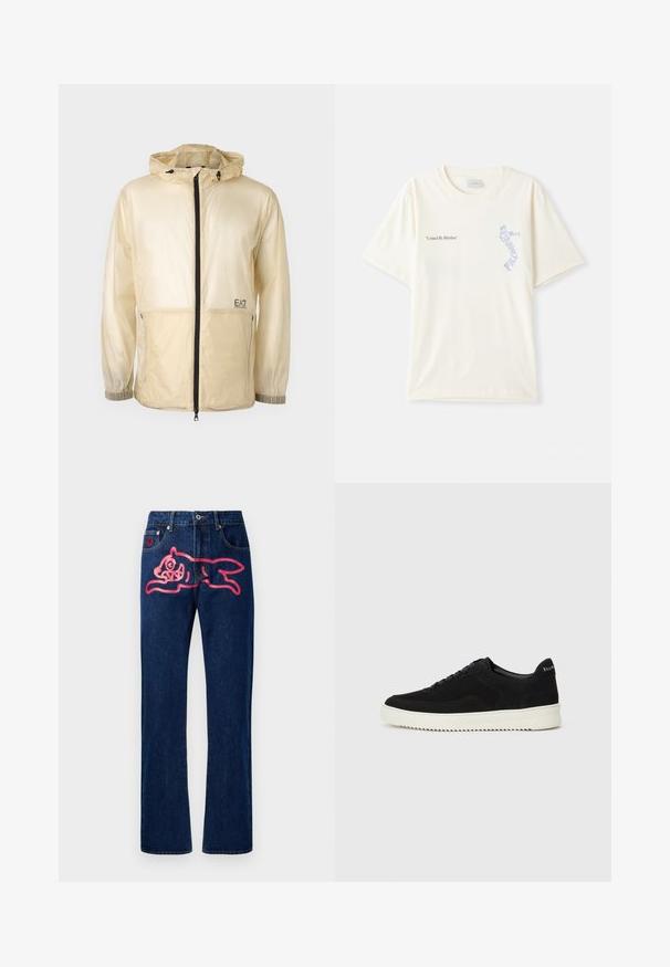 Lagani bež vjetrovka s kapuljačom, koja ima punu prednju patent zatvarač, elastične manšete i izvezeni logo s lijeve strane.; Bijela pamučna majica s kratkim rukavima, s natpisom "Ujedinjeni ritmom" u crnoj i plavoj grafici na prsima. Okrugli izrez.; Traperice ravnog kroja. Tamnoplave boje, s velikim dizajnom ružičaste mačke na stražnjem džepu. Klasičan metalni gumb i zakovice.; Crne nubuk tenisice s vezanjem i kontrastnom bijelom gumenom potplatom. Imaju teksturirane bočne panele i suptilno brendiranje na peti.